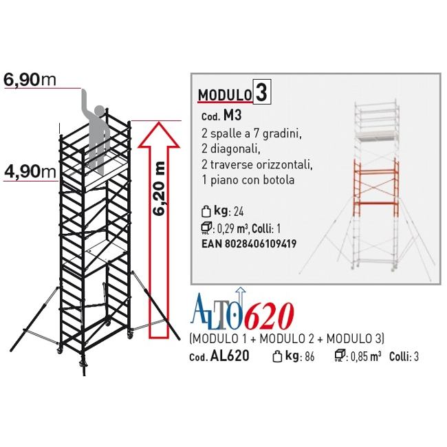 Vendita online Trabattello in alluminio ALTO620 altezza lavoro 6,90 mt.
